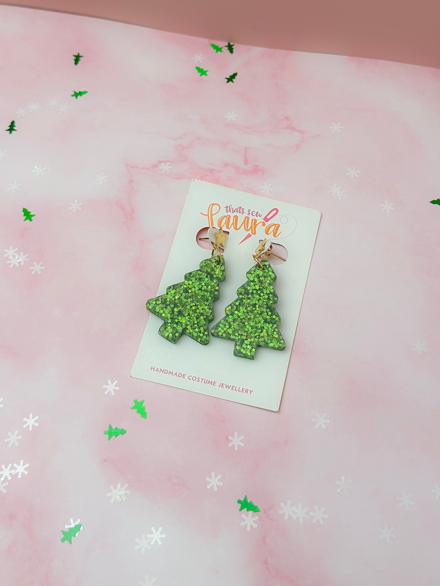 Starry Christmas Tree - Green star glitter Resin Earrings