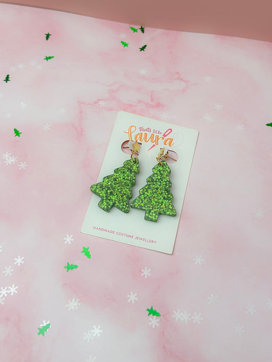 Starry Christmas Tree - Green star glitter Resin Earrings