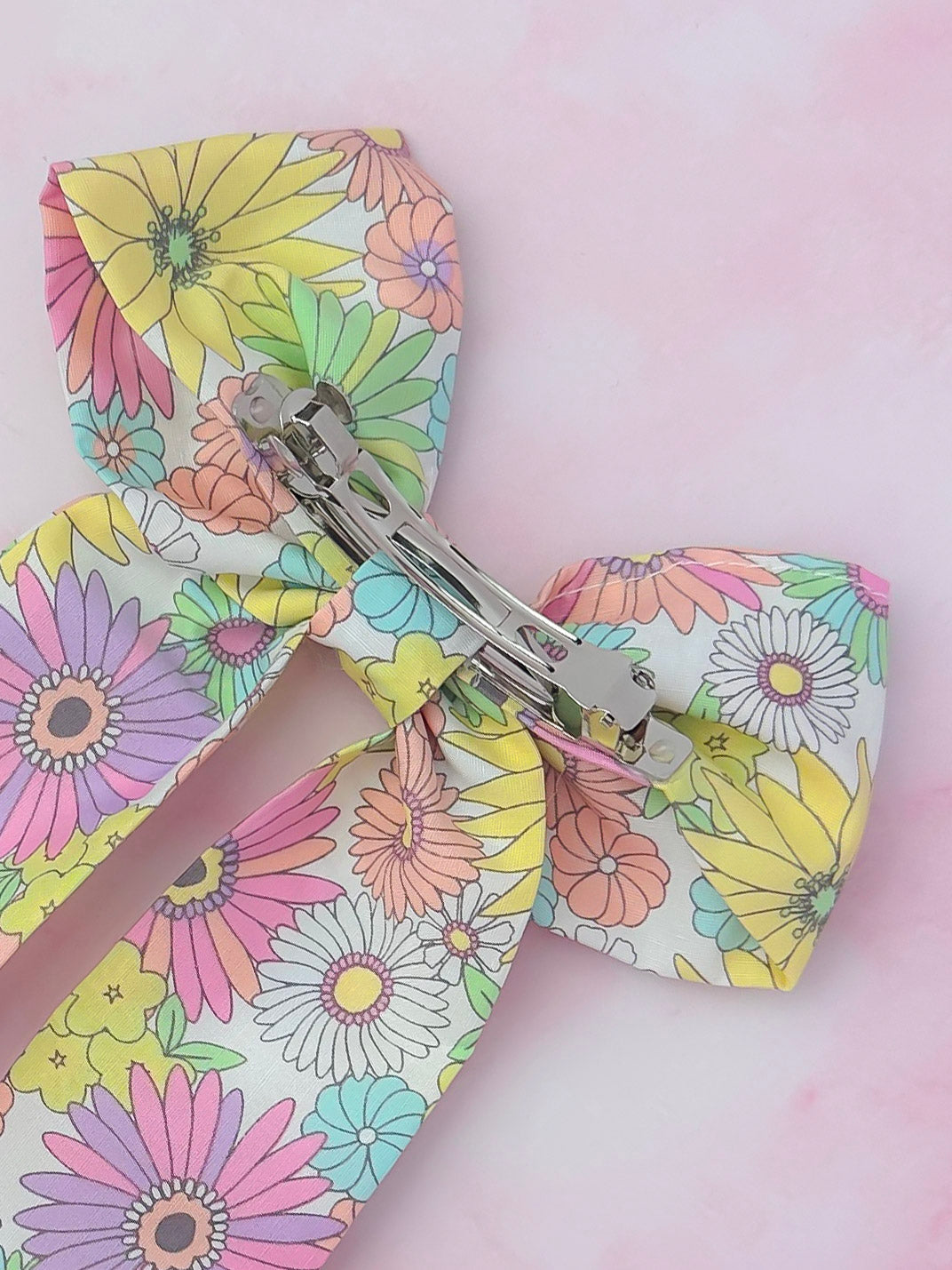 Flower Power - Pink and colourful flower print long Hair Bow