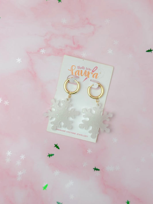 Snowflake - White glitter Huggie Hoop Resin Earrings