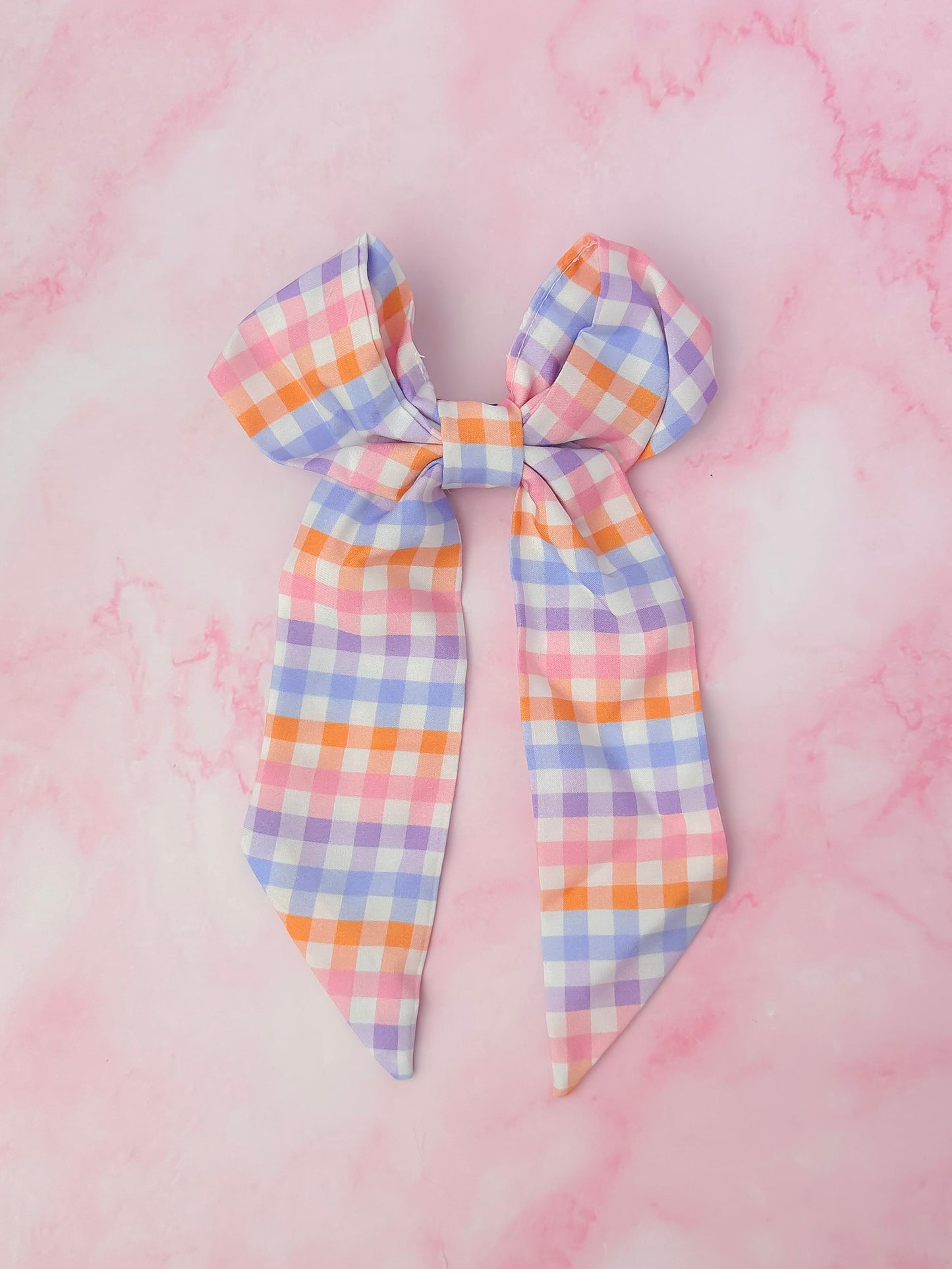 Jess - Pink, lilac and orange gingham print long Hair Bow