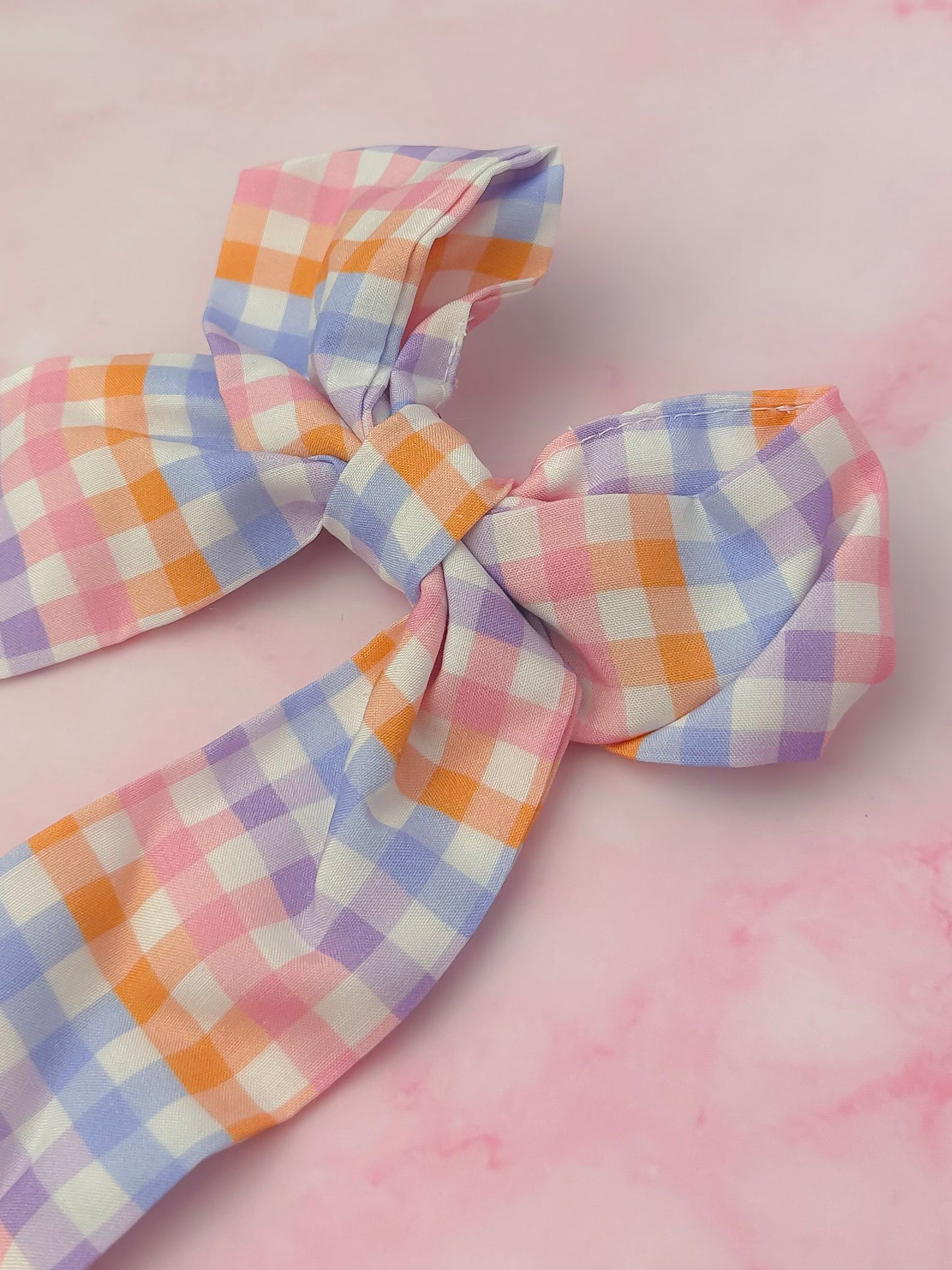 Jess - Pink, lilac and orange gingham print long Hair Bow