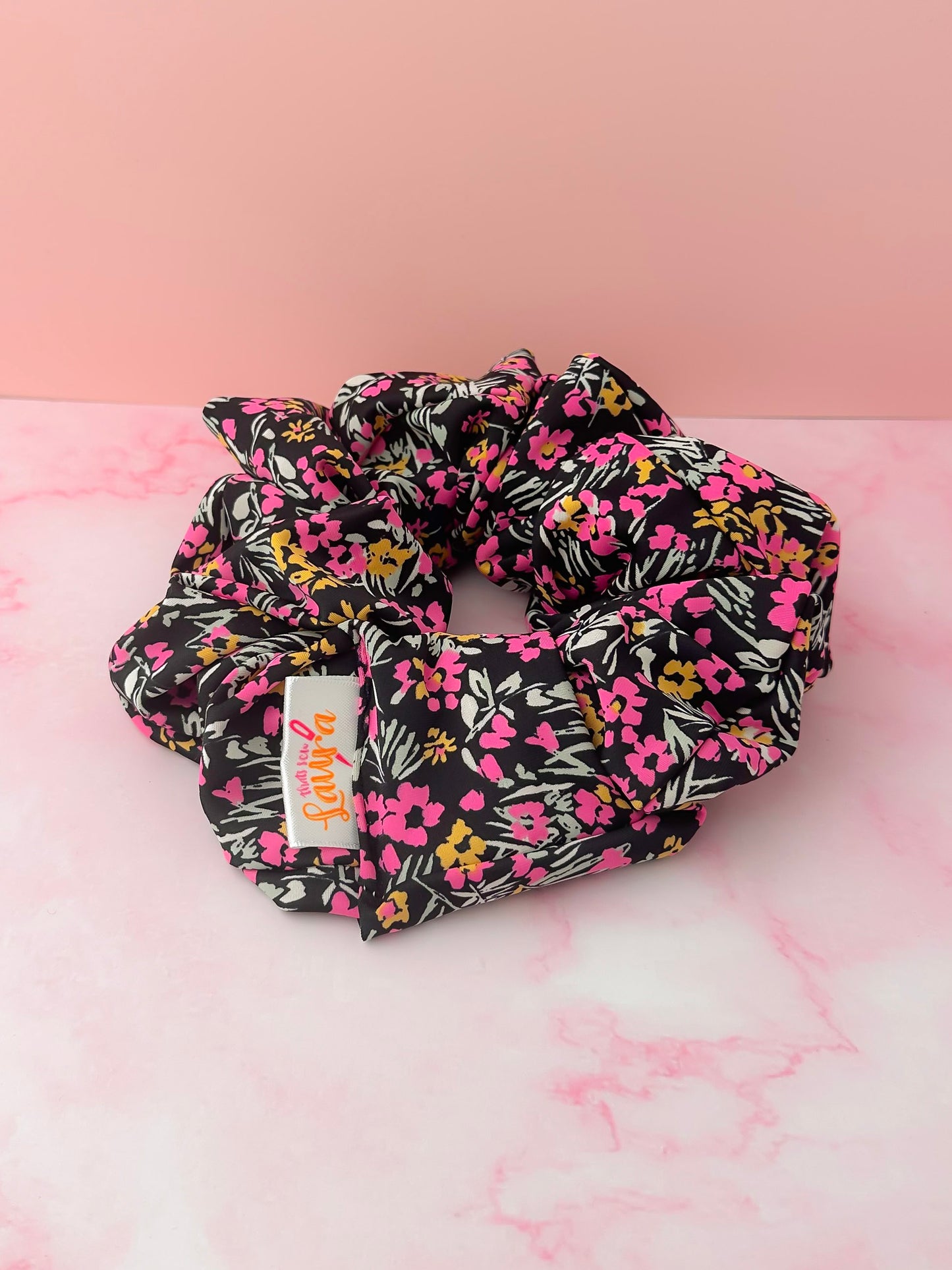 Flora - Black, Pink and Orange floral print Gym & Swim XL Scrunchie