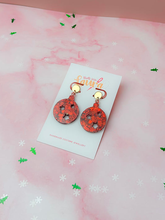 Christmas Baubles - Red glitter christmas resin earrings