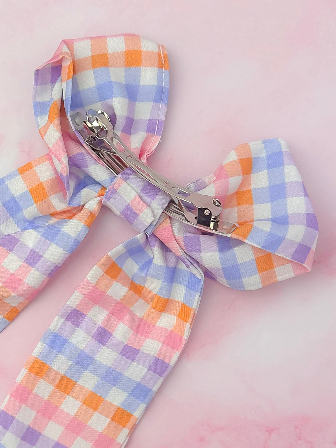 Jess - Pink, lilac and orange gingham print long Hair Bow