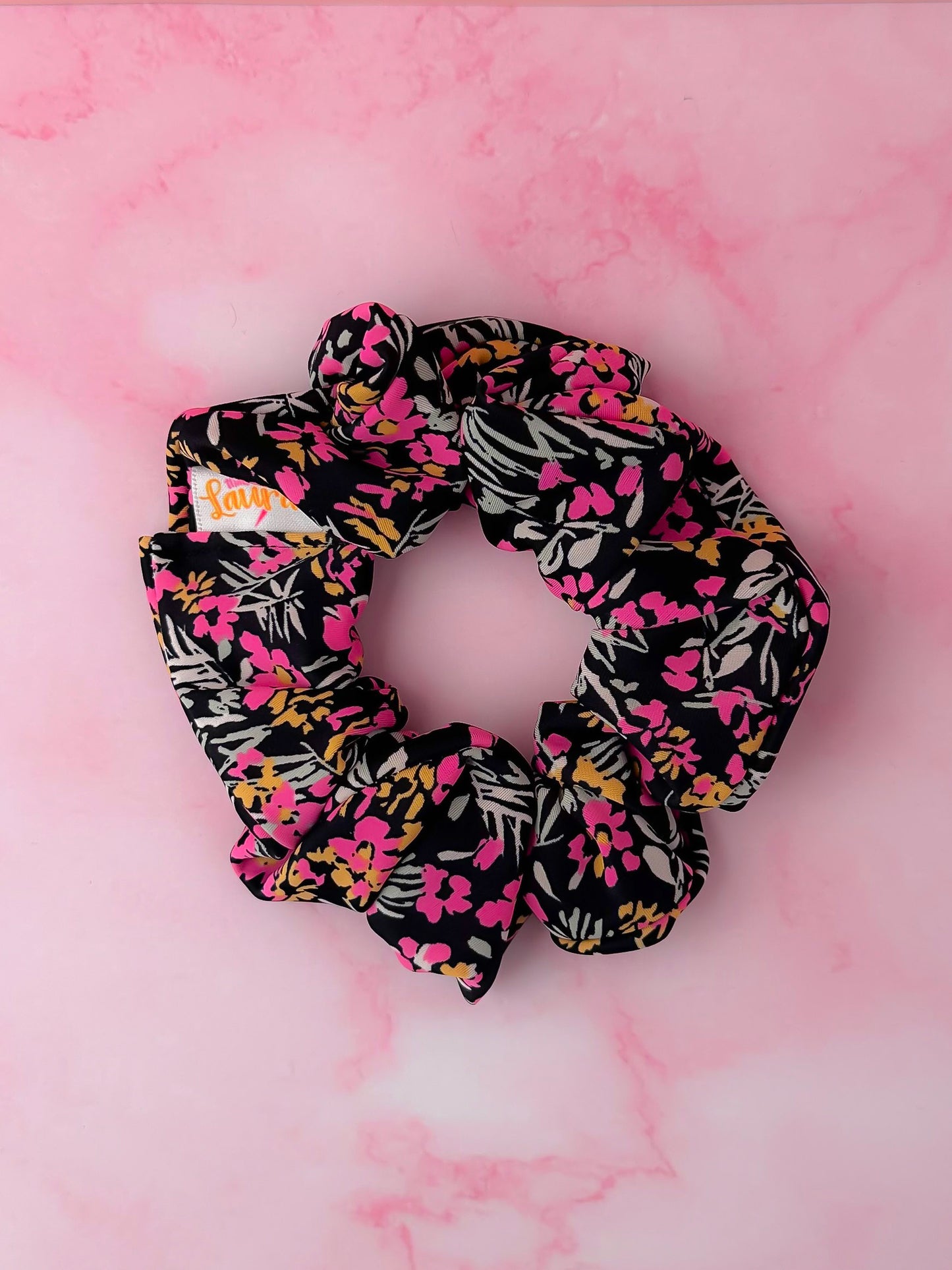 Flora - Black & Pink floral gym & swim classic scrunchie
