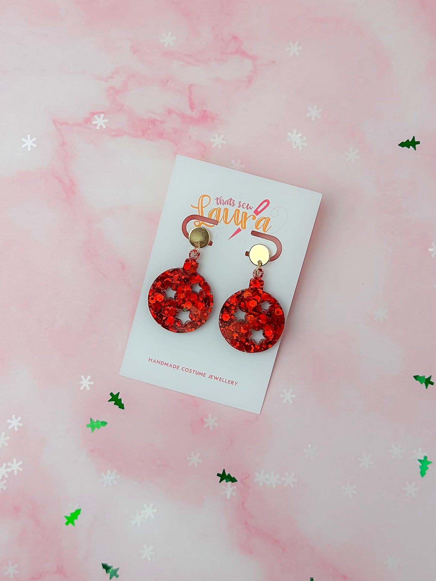Christmas Baubles - Red glitter christmas resin earrings