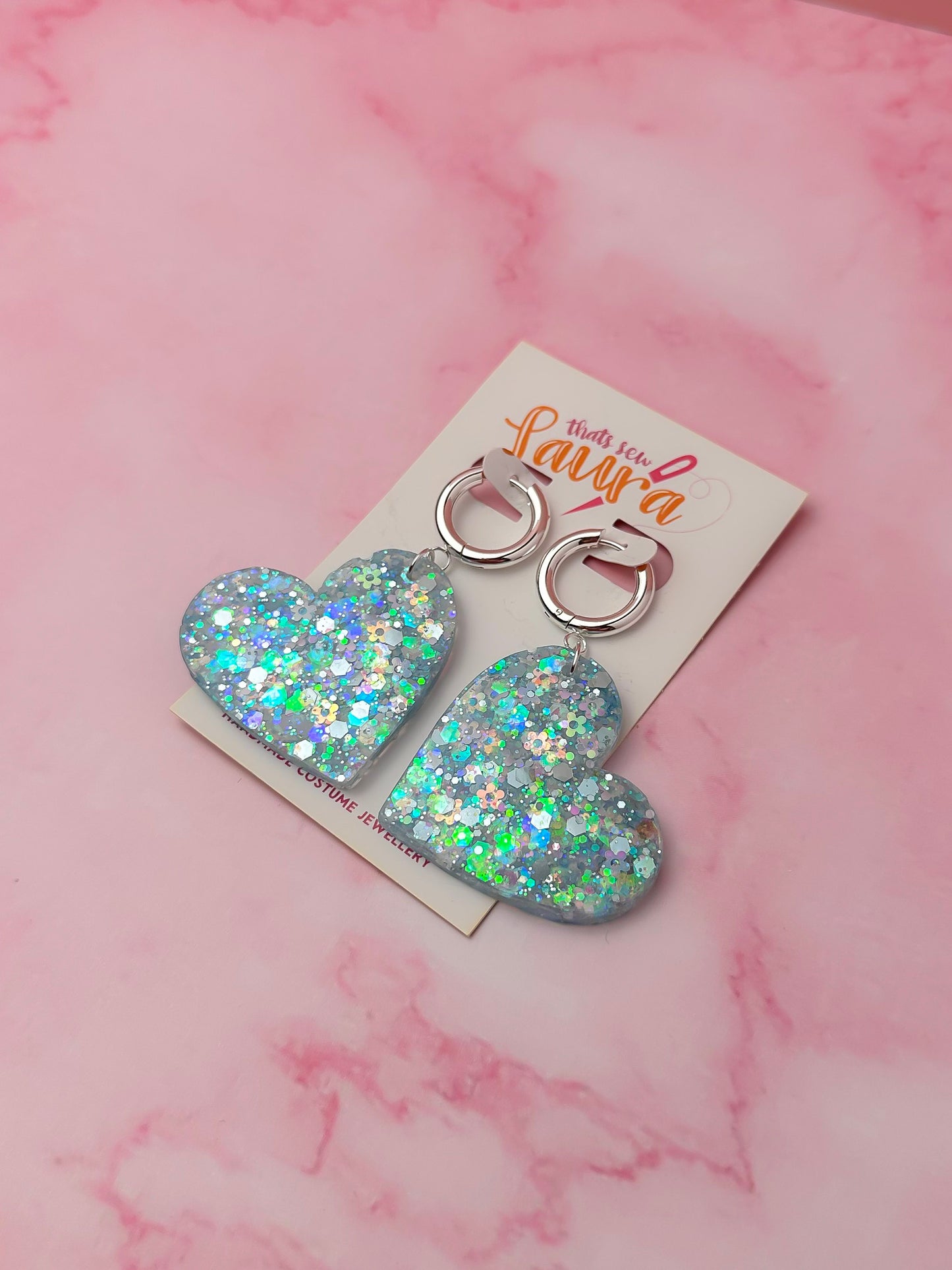 Blossom Heart - blue floral glitter Resin Earrings