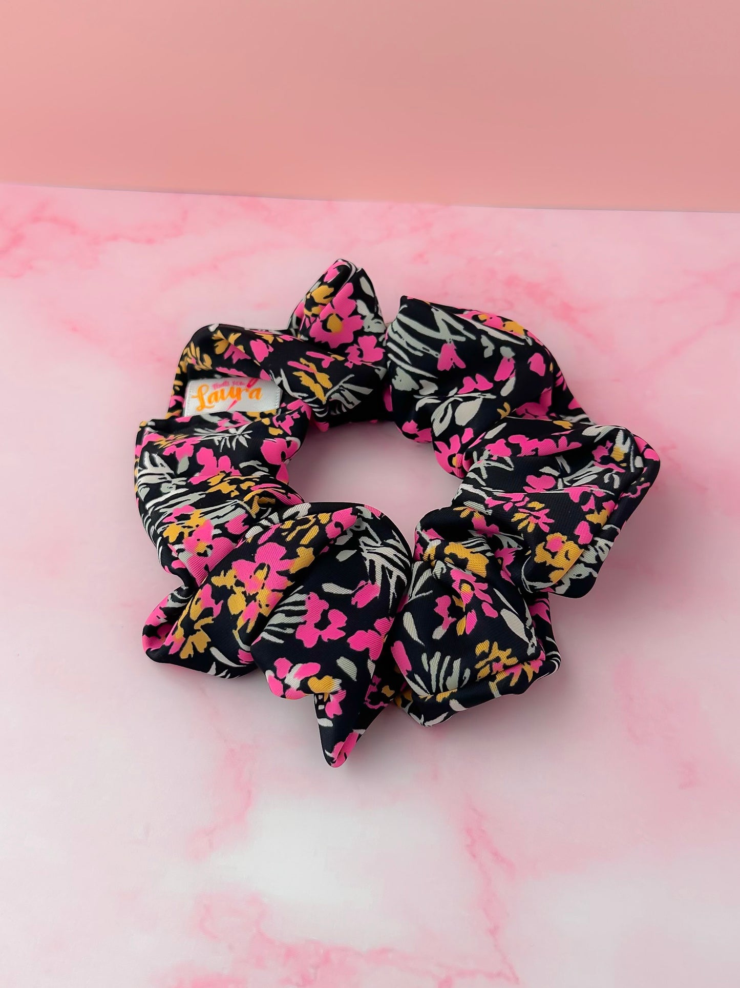 Flora - Black & Pink floral gym & swim classic scrunchie