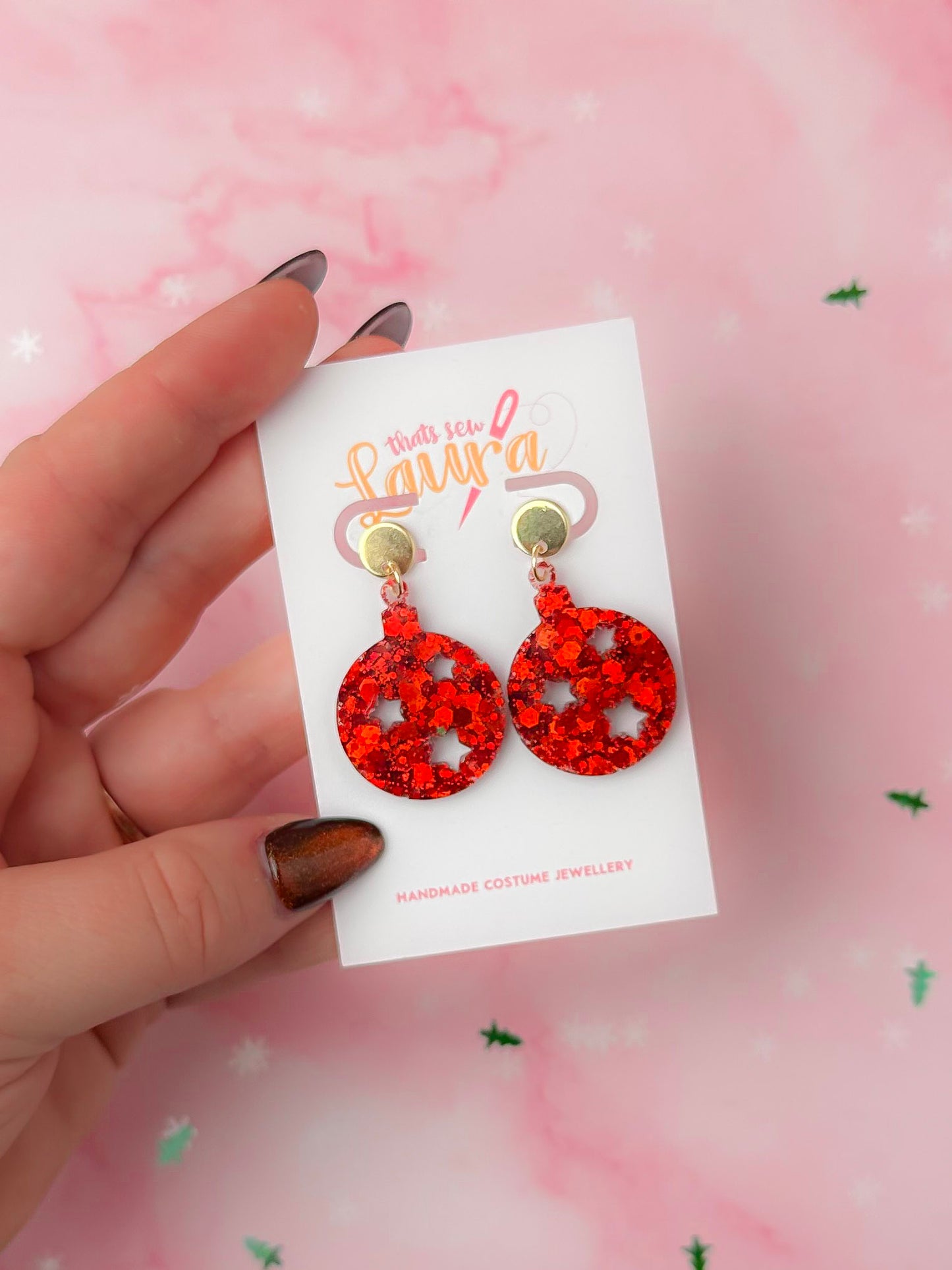 Christmas Baubles - Red glitter christmas resin earrings