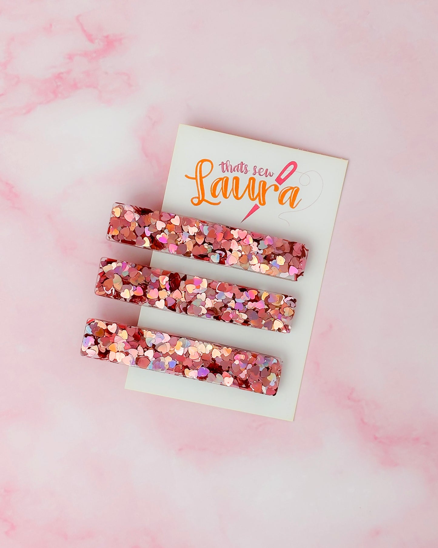 Romance - Pink Heart Glitter Trio Resin Hair Clips