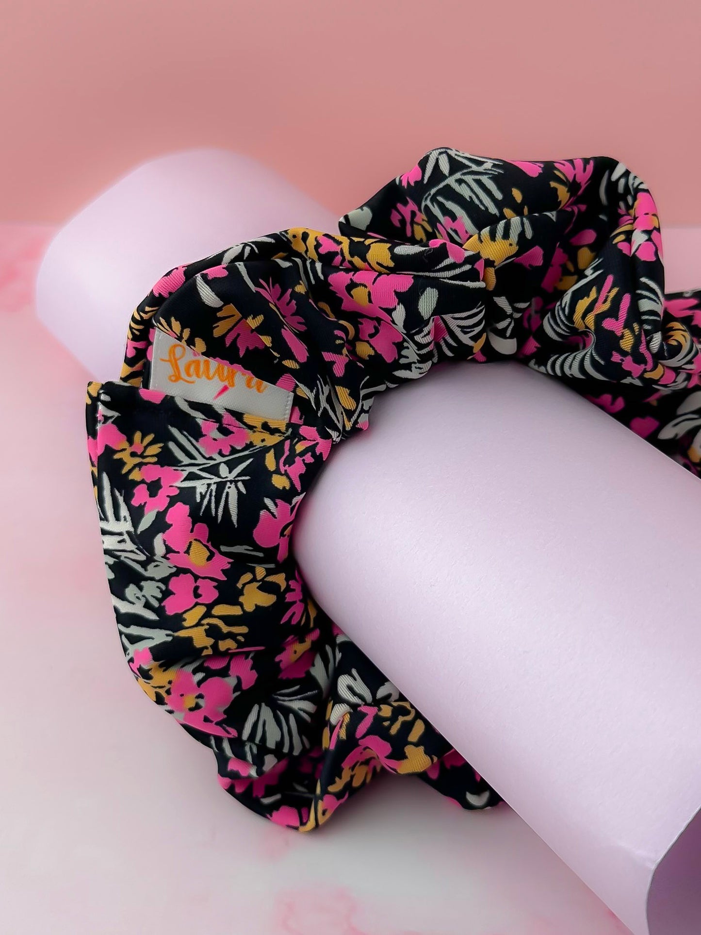 Flora - Black & Pink floral gym & swim classic scrunchie