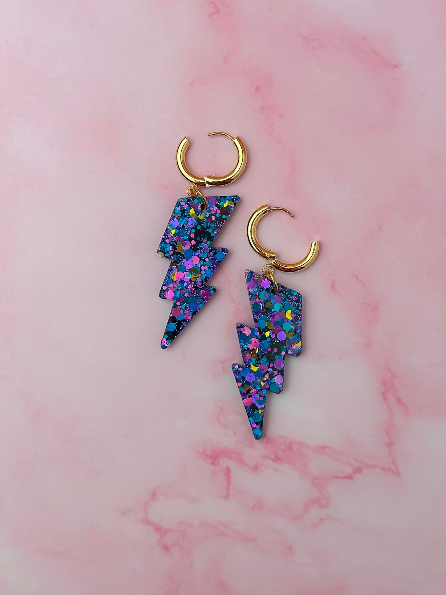 Mystical moon lighting bolts - purple, blue & gold Resin Earrings