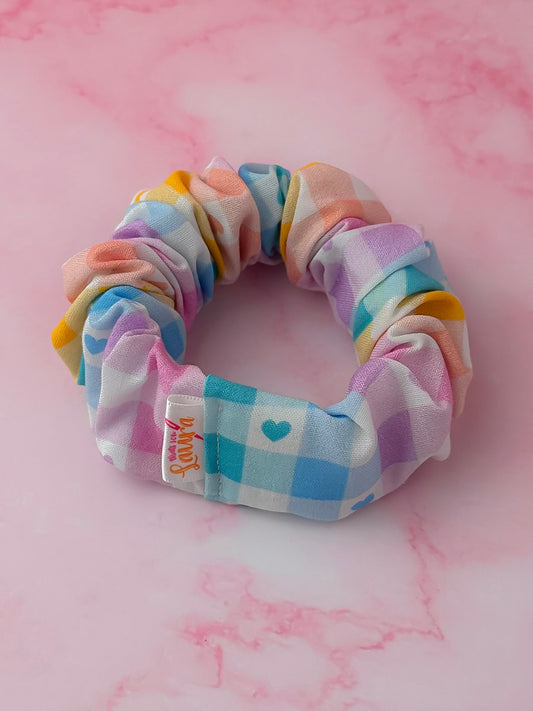 Elsie - Pastel coloured checkered heart gingham wide scrunchie