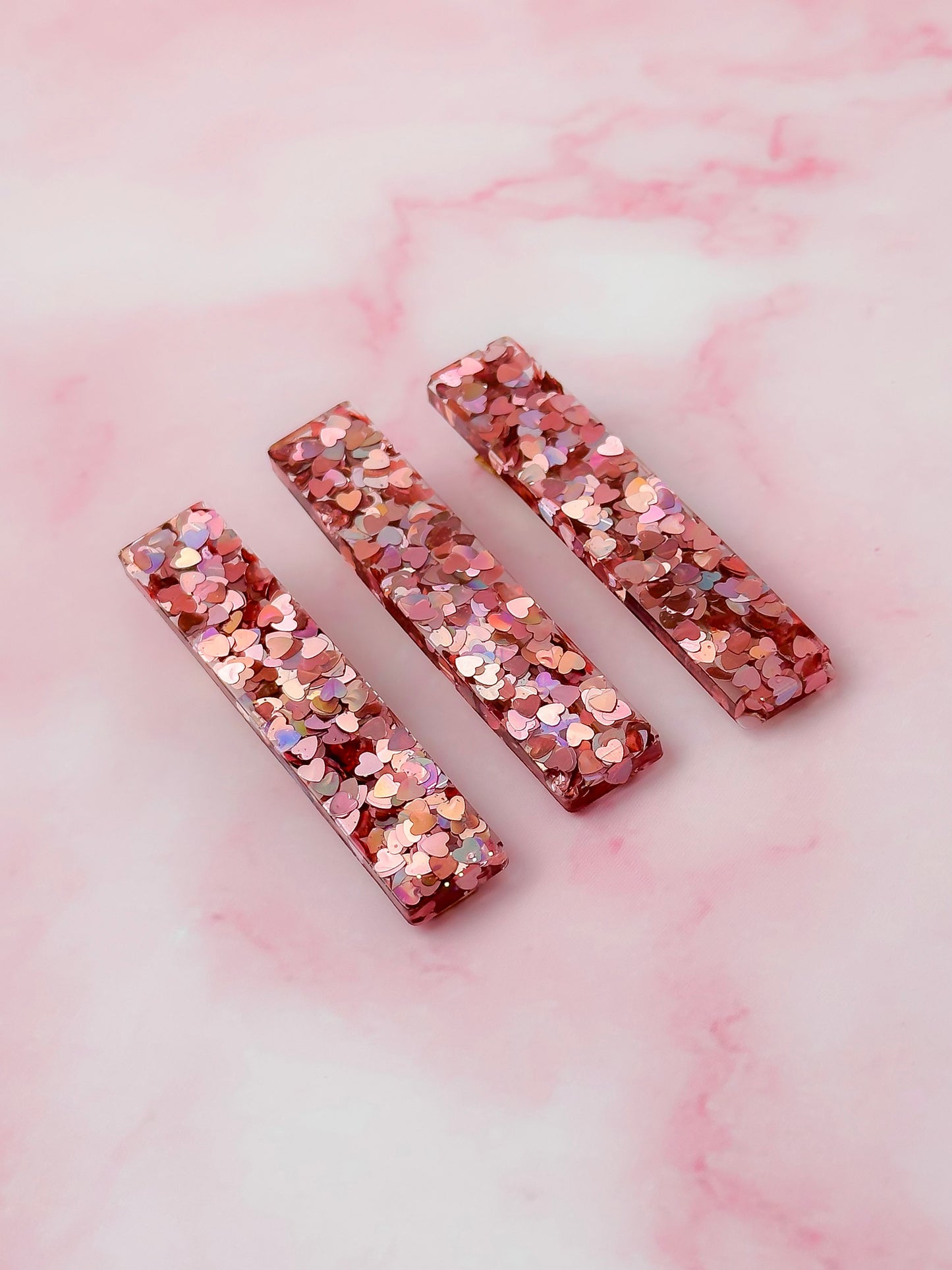 Romance - Pink Heart Glitter Trio Resin Hair Clips