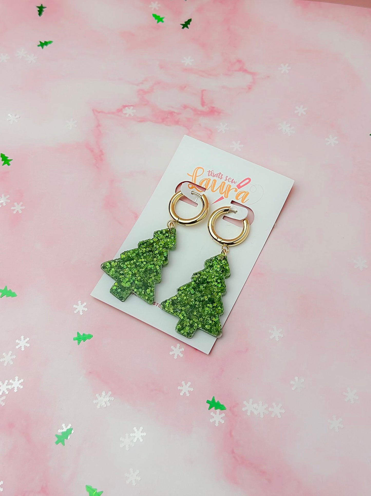 Starry Christmas Tree - Green star huggie hoop glitter Resin Earrings