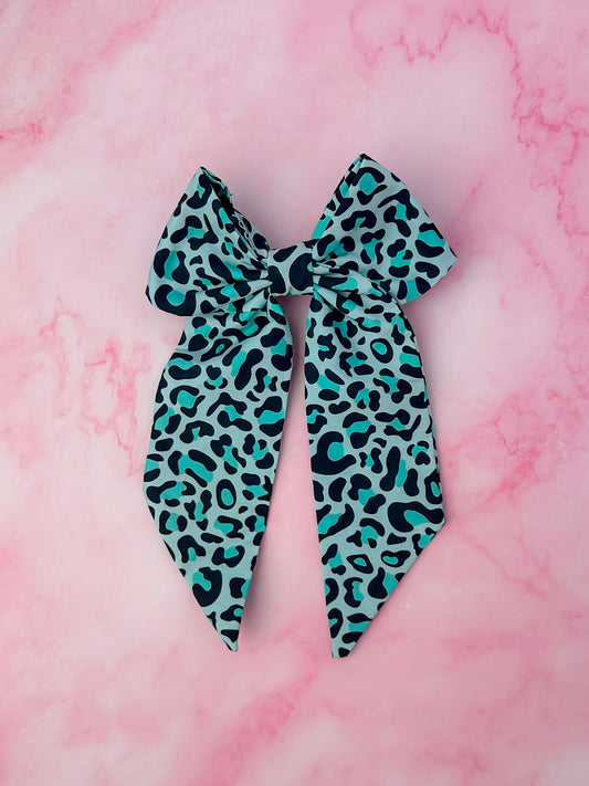 Brittany - Teal Leopard print long Hair Bow