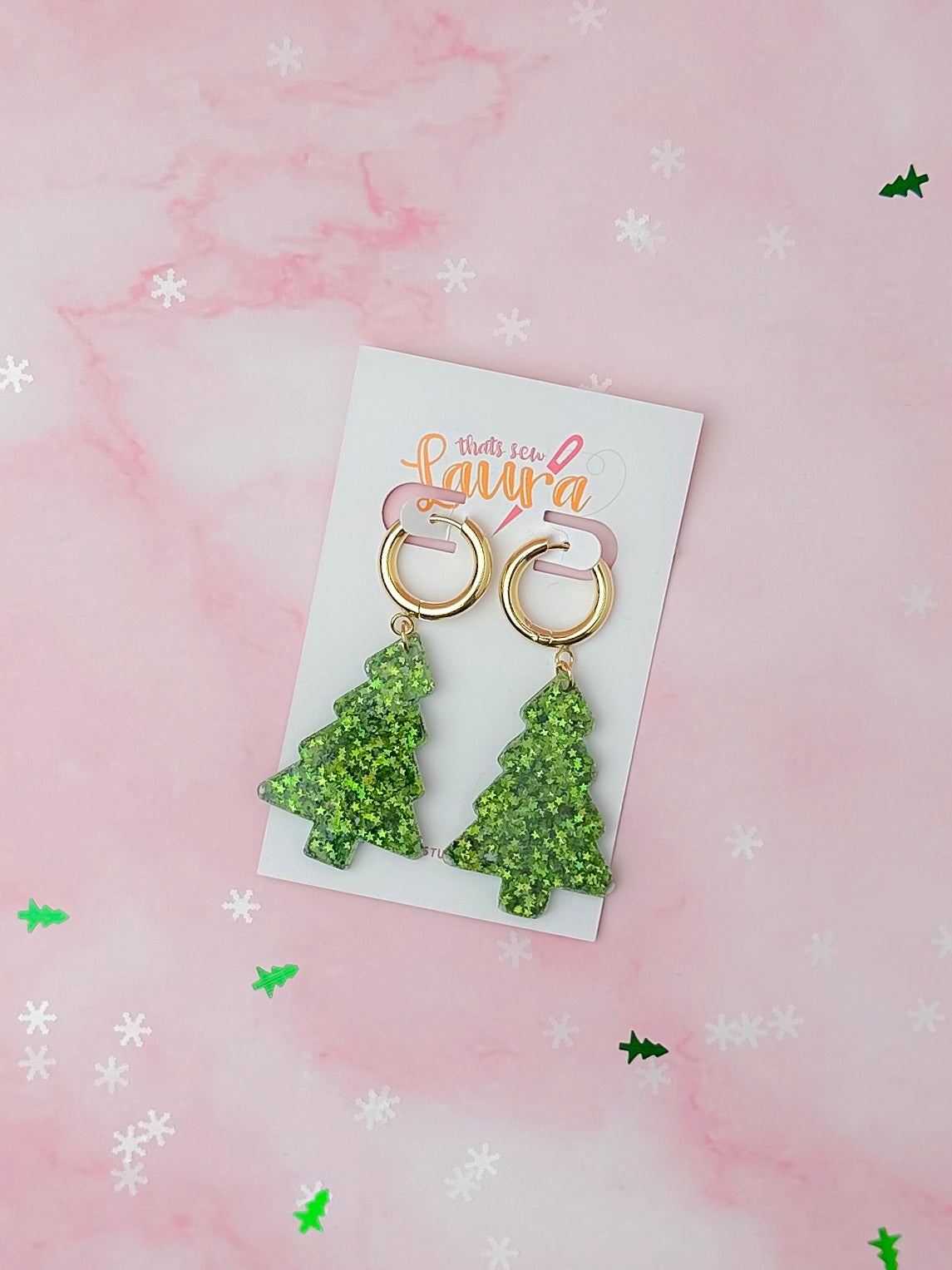 Starry Christmas Tree - Green star huggie hoop glitter Resin Earrings