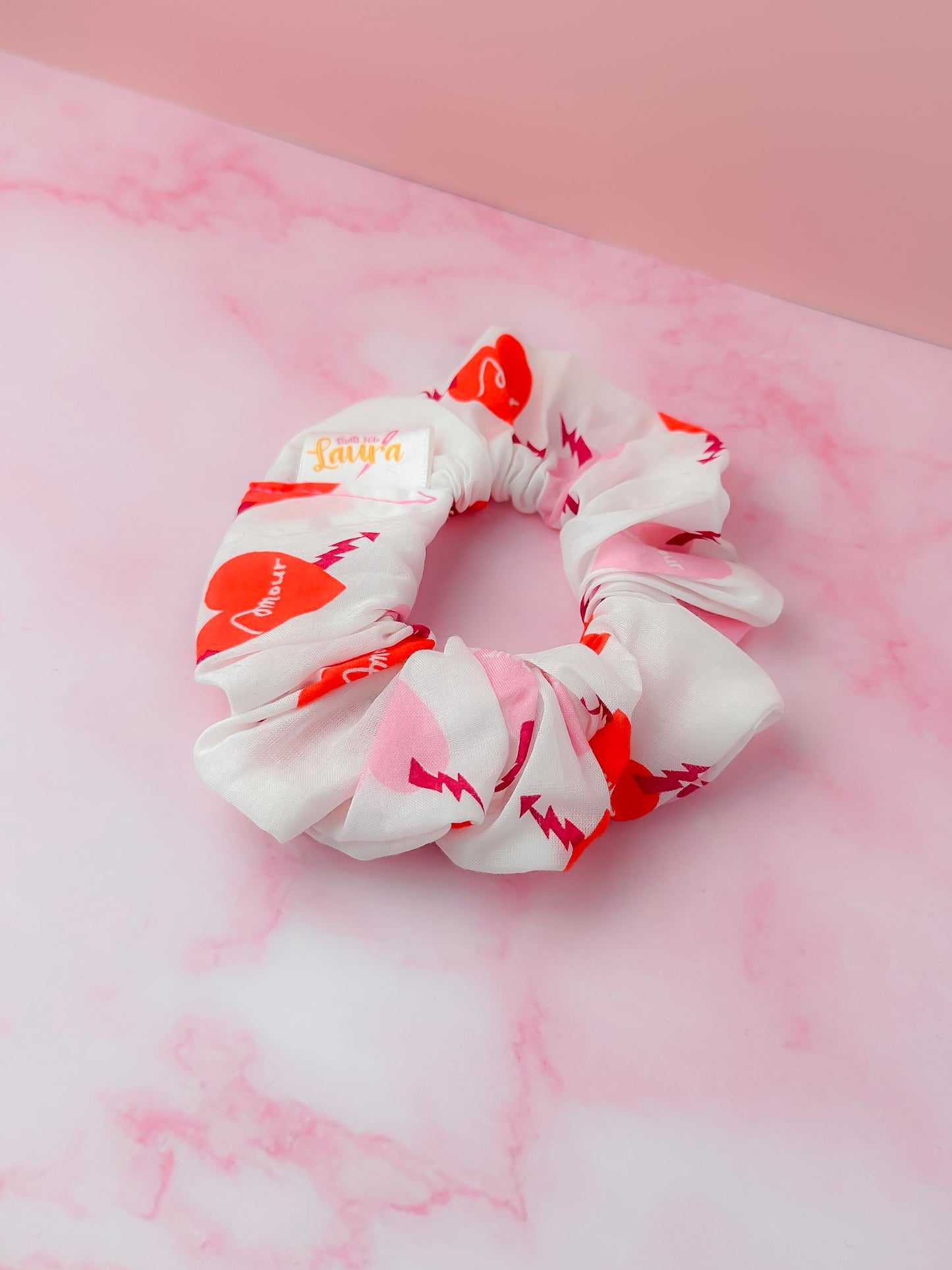 Amore - White & Pink heart print classic scrunchie