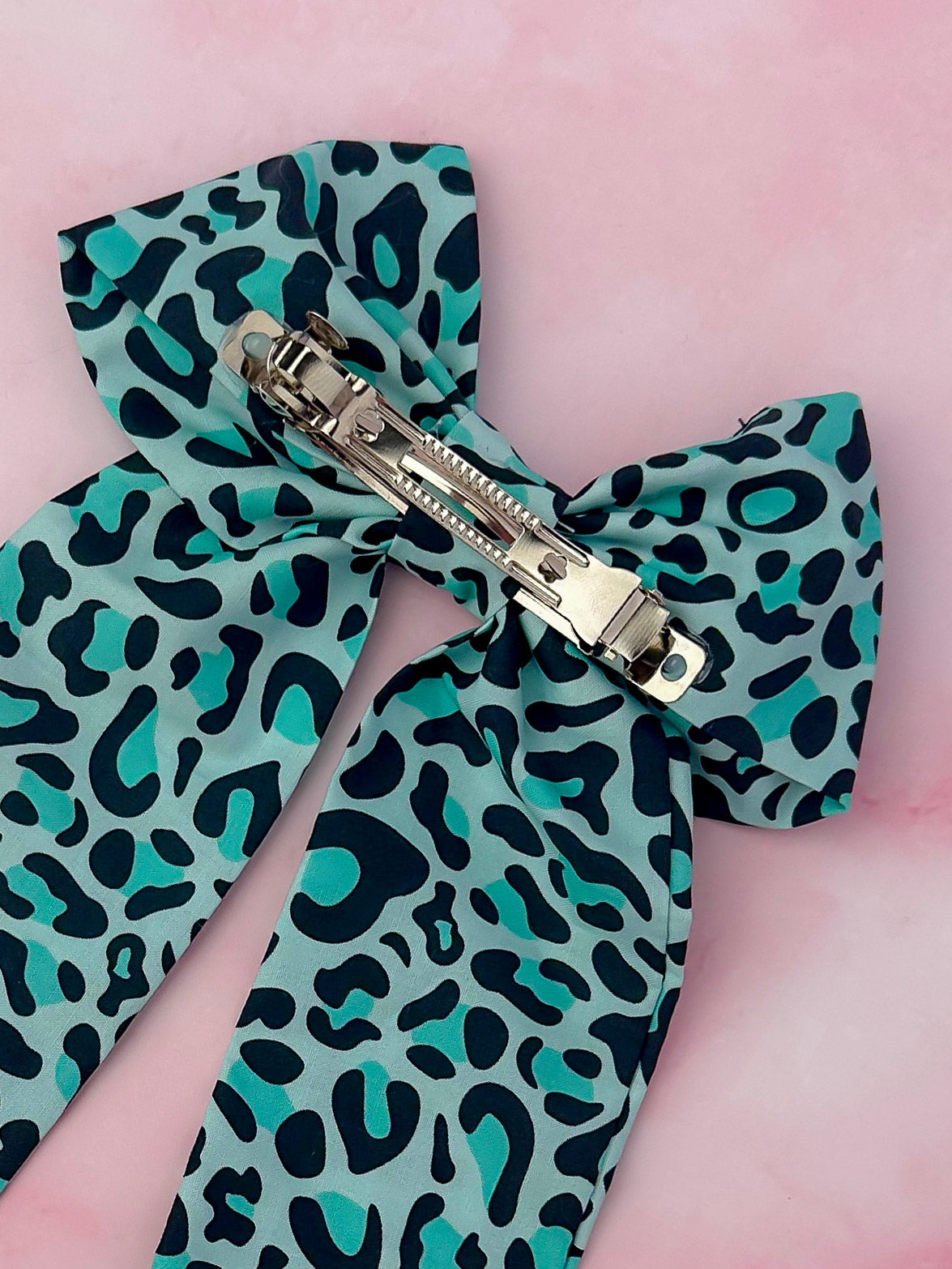 Brittany - Teal Leopard print long Hair Bow
