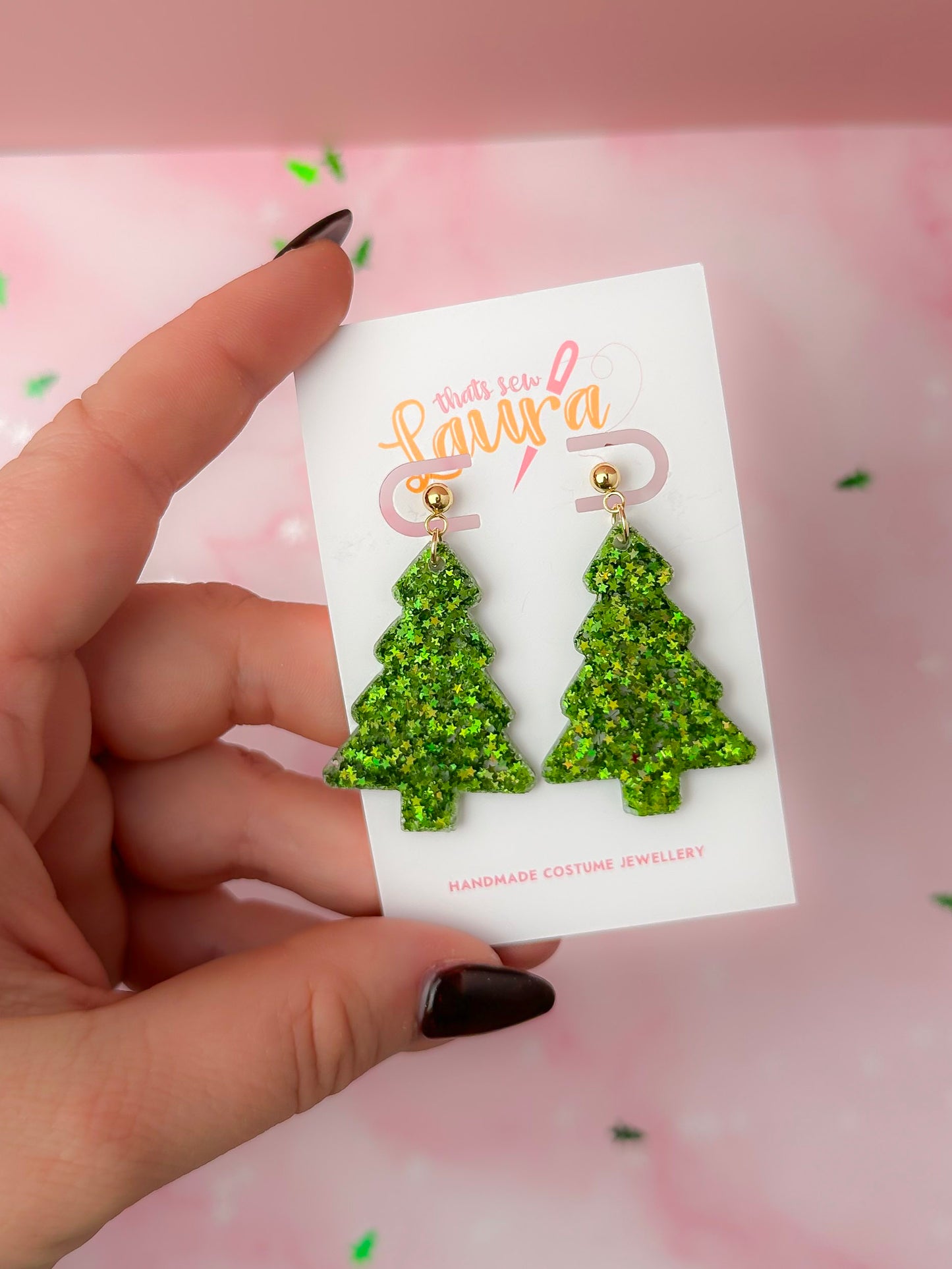Starry Christmas Tree - Green star glitter ball stud Resin Earrings