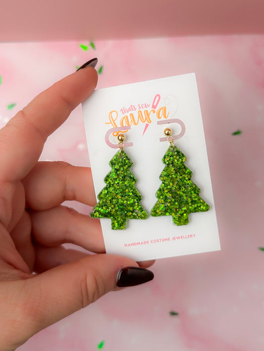 Starry Christmas Tree - Green star glitter ball stud Resin Earrings