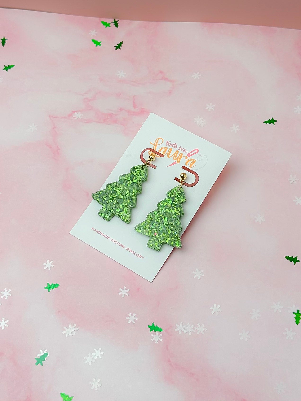 Starry Christmas Tree - Green star glitter ball stud Resin Earrings