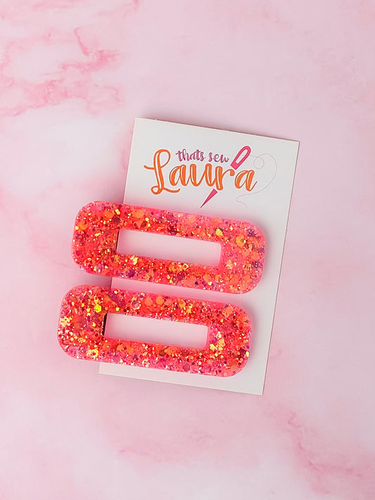 Only Orange - Fluorescent Orange Glitter Oblong Resin Hair Clips