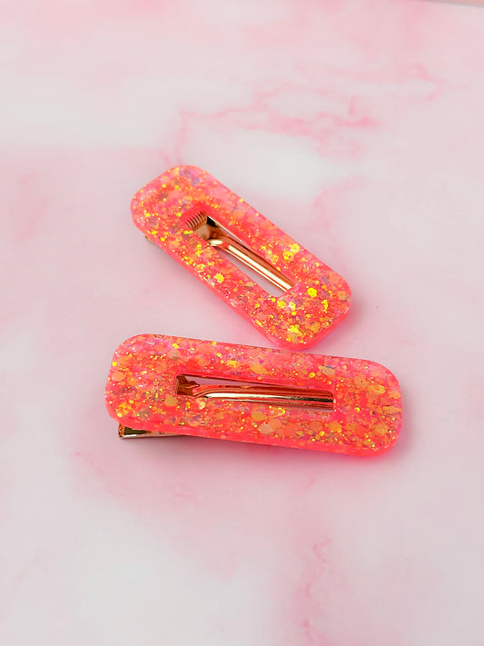 Only Orange - Fluorescent Orange Glitter Oblong Resin Hair Clips
