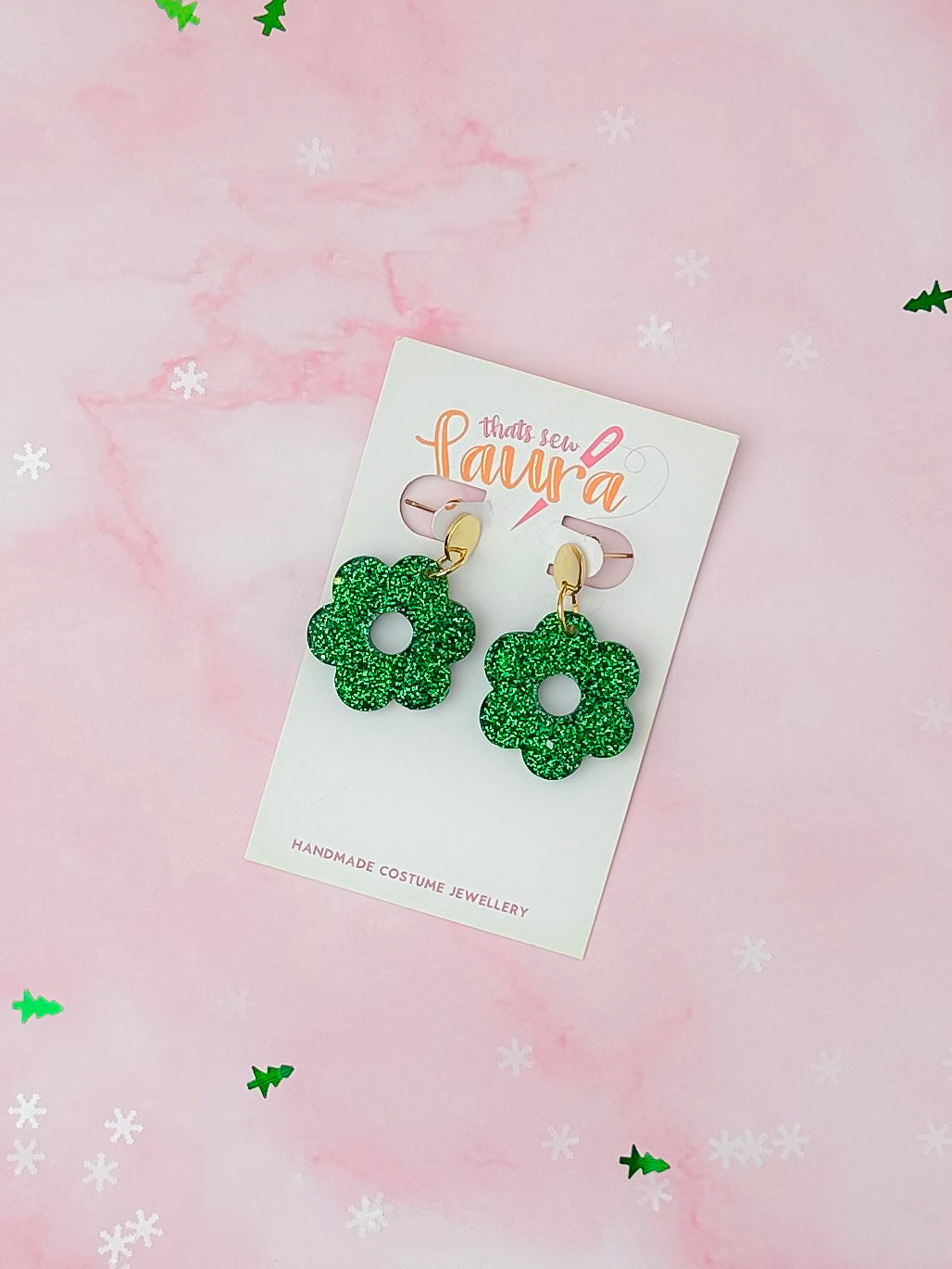 Christmas Flowers - Green glitter Christmas resin earrings