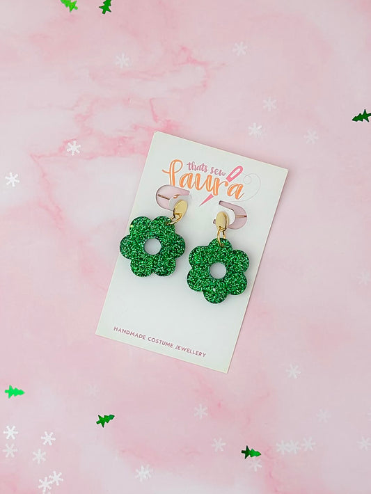 Christmas Flowers - Green glitter Christmas resin earrings