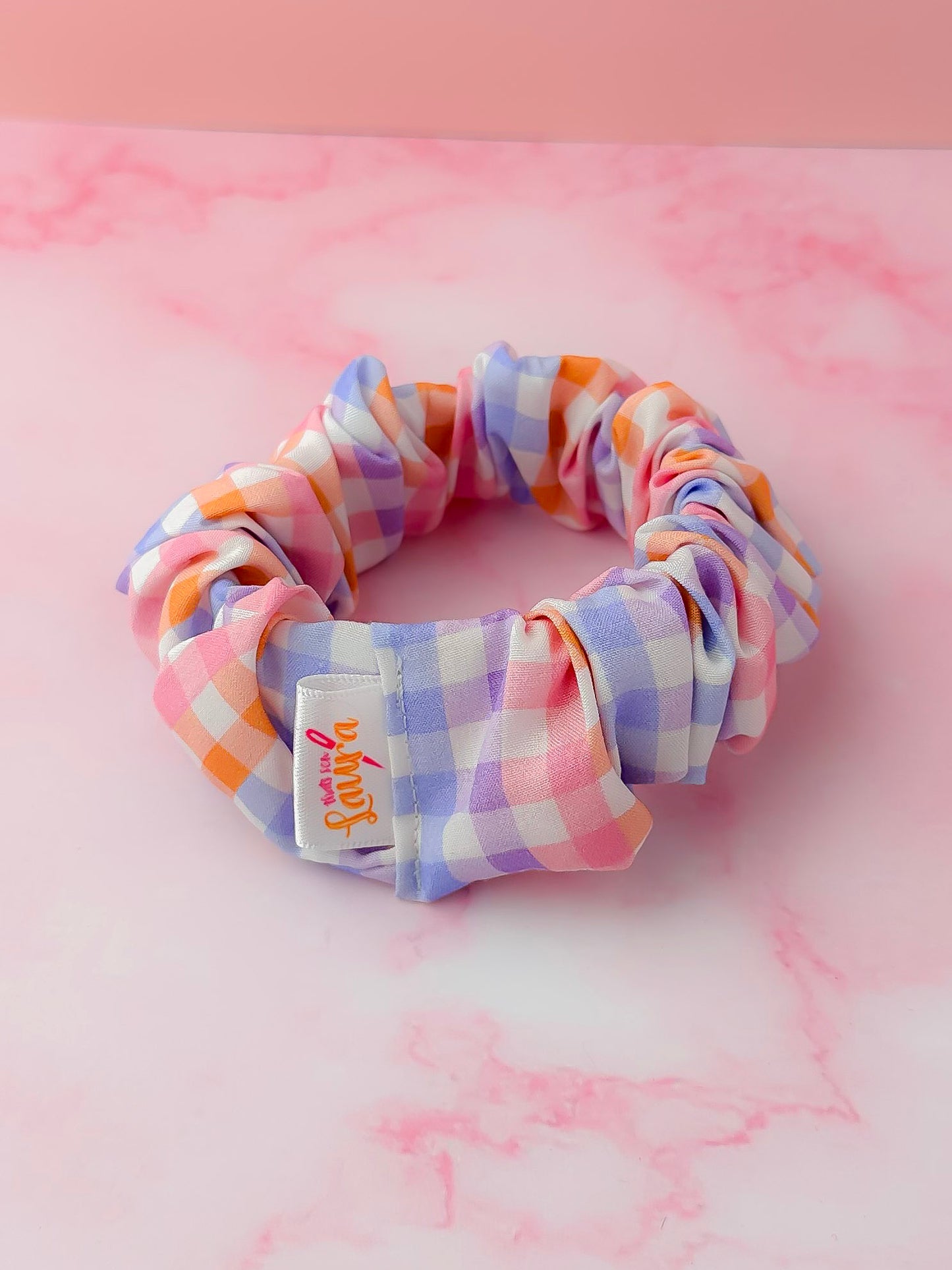 Jess- Lilac & Orange gingham print Wide scrunchie