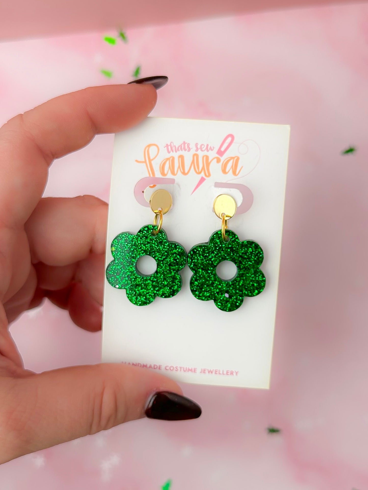 Christmas Flowers - Green glitter Christmas resin earrings