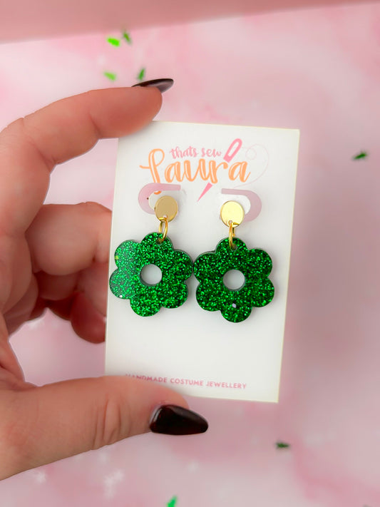 Christmas Flowers - Green glitter Christmas resin earrings