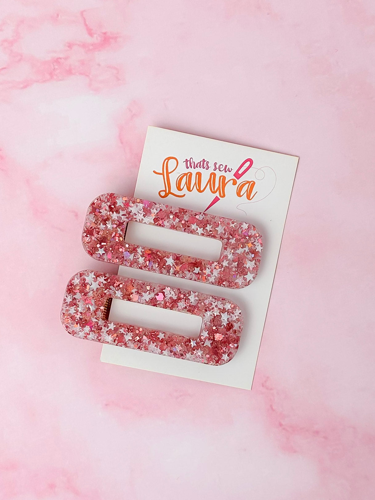 Seasonal Sparkle - Pink and Silver Oblong Glitter Resin Hair Clips