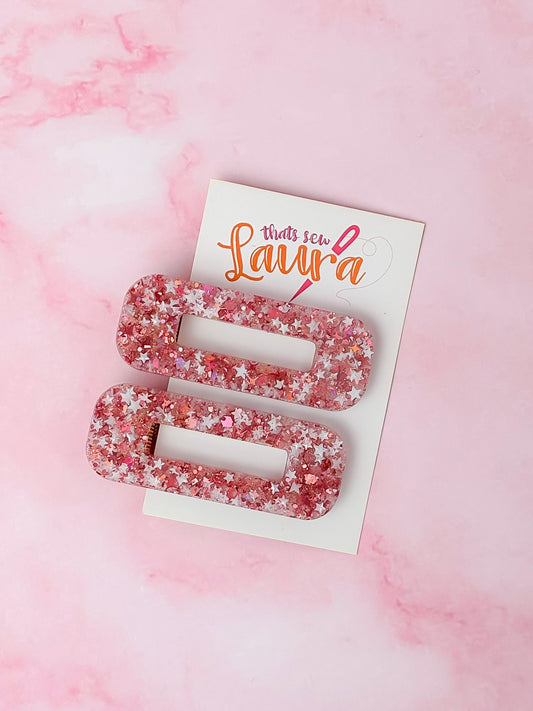 Seasonal Sparkle - Pink and Silver Oblong Glitter Resin Hair Clips