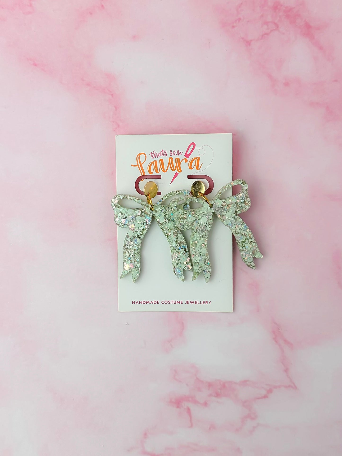 Meadow Bows - green and gold glitter Resin Earrings