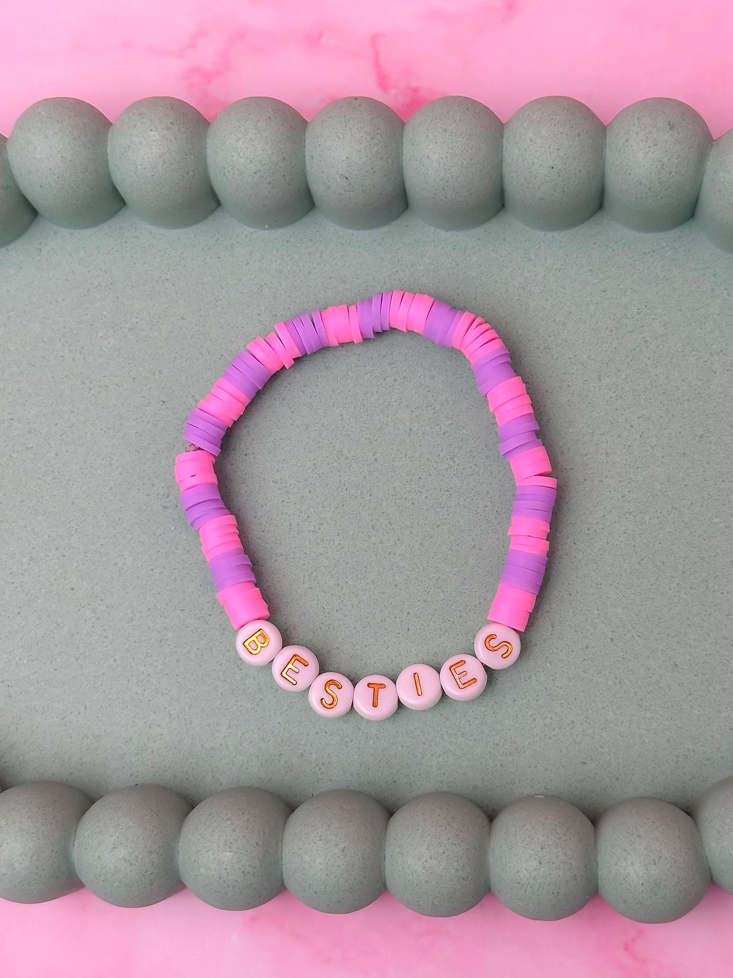 Besties - Pink and purple polymer clay Handmade Beaded Bracelet