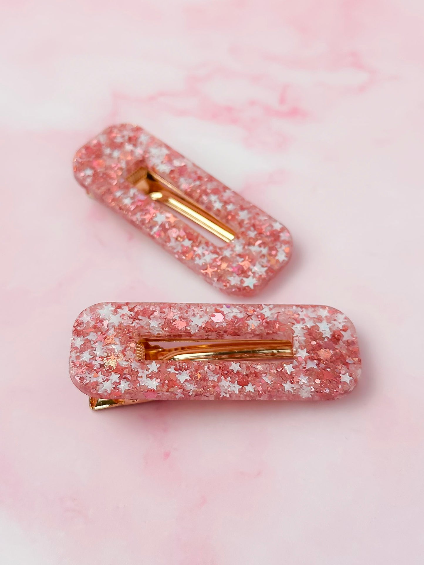 Seasonal Sparkle - Pink and Silver Oblong Glitter Resin Hair Clips