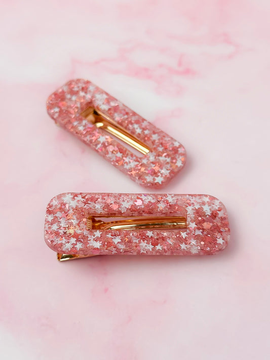 Seasonal Sparkle - Pink and Silver Oblong Glitter Resin Hair Clips