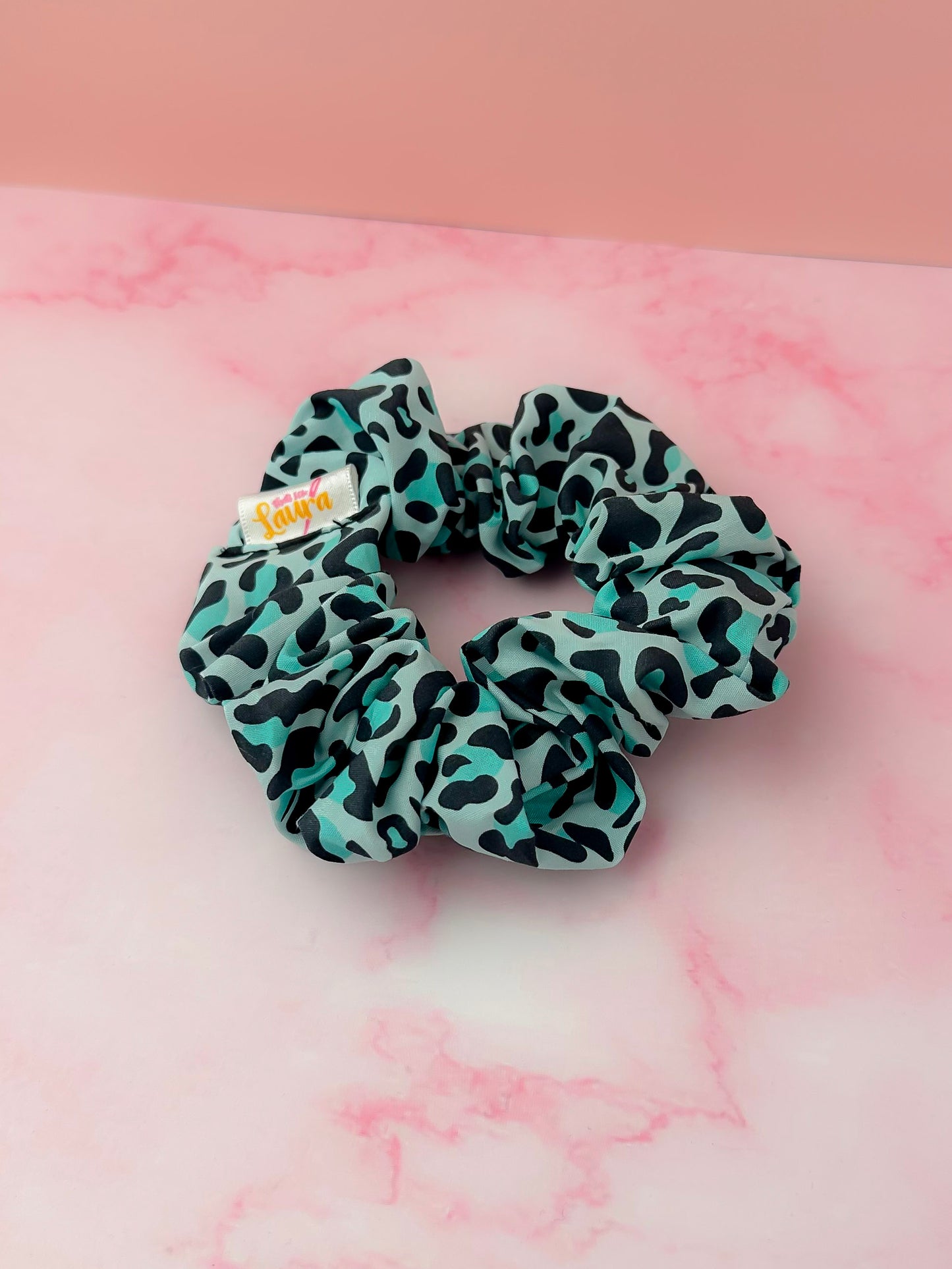 Brittany - Teal and black Leopard print classic scrunchie