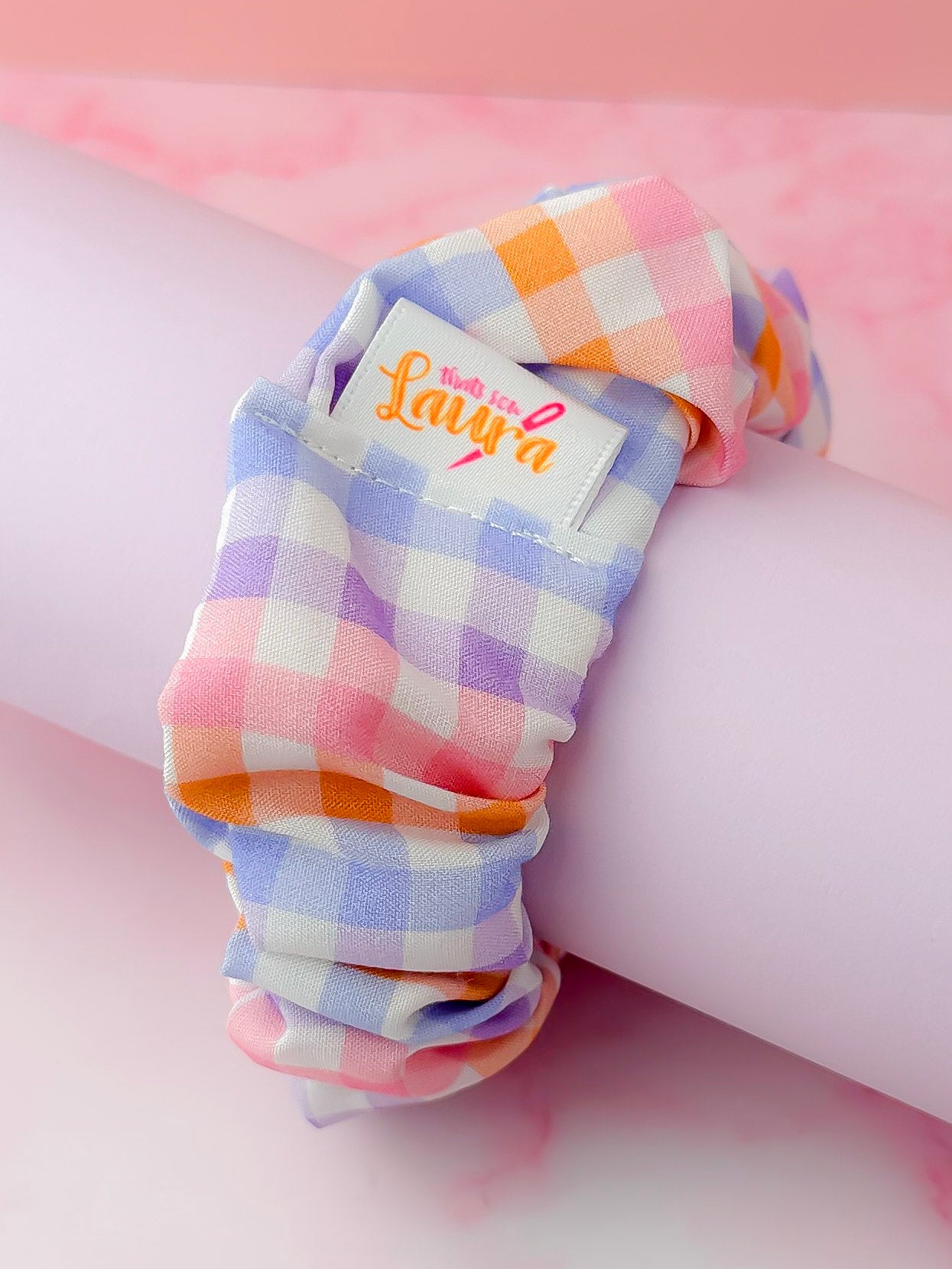 Jess- Lilac & Orange gingham print Wide scrunchie