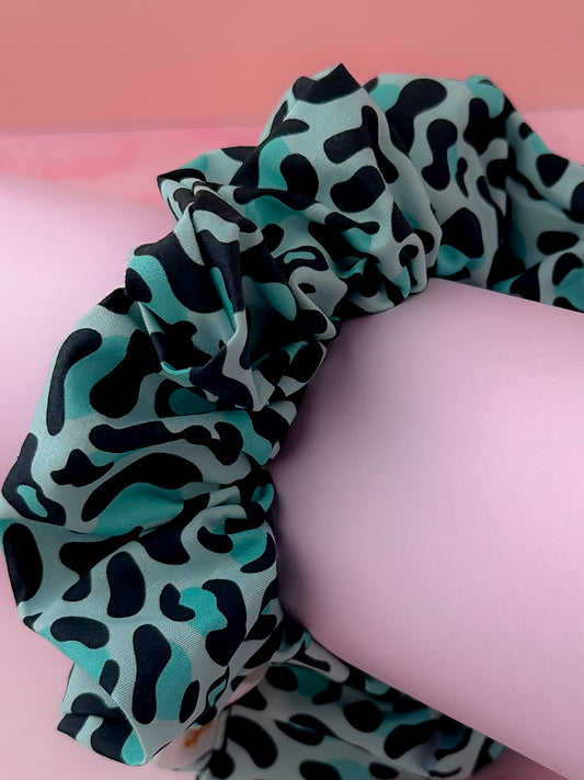 Brittany - Teal and black Leopard print classic scrunchie
