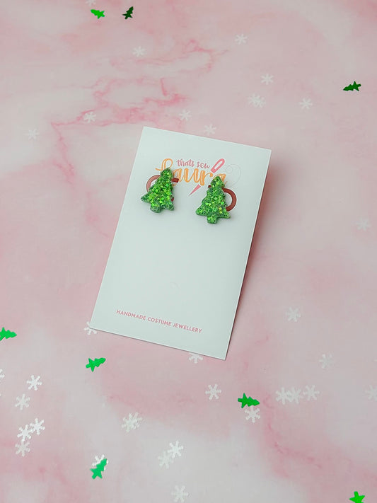 Starry Christmas Trees - Green star glitter Resin stud Earrings