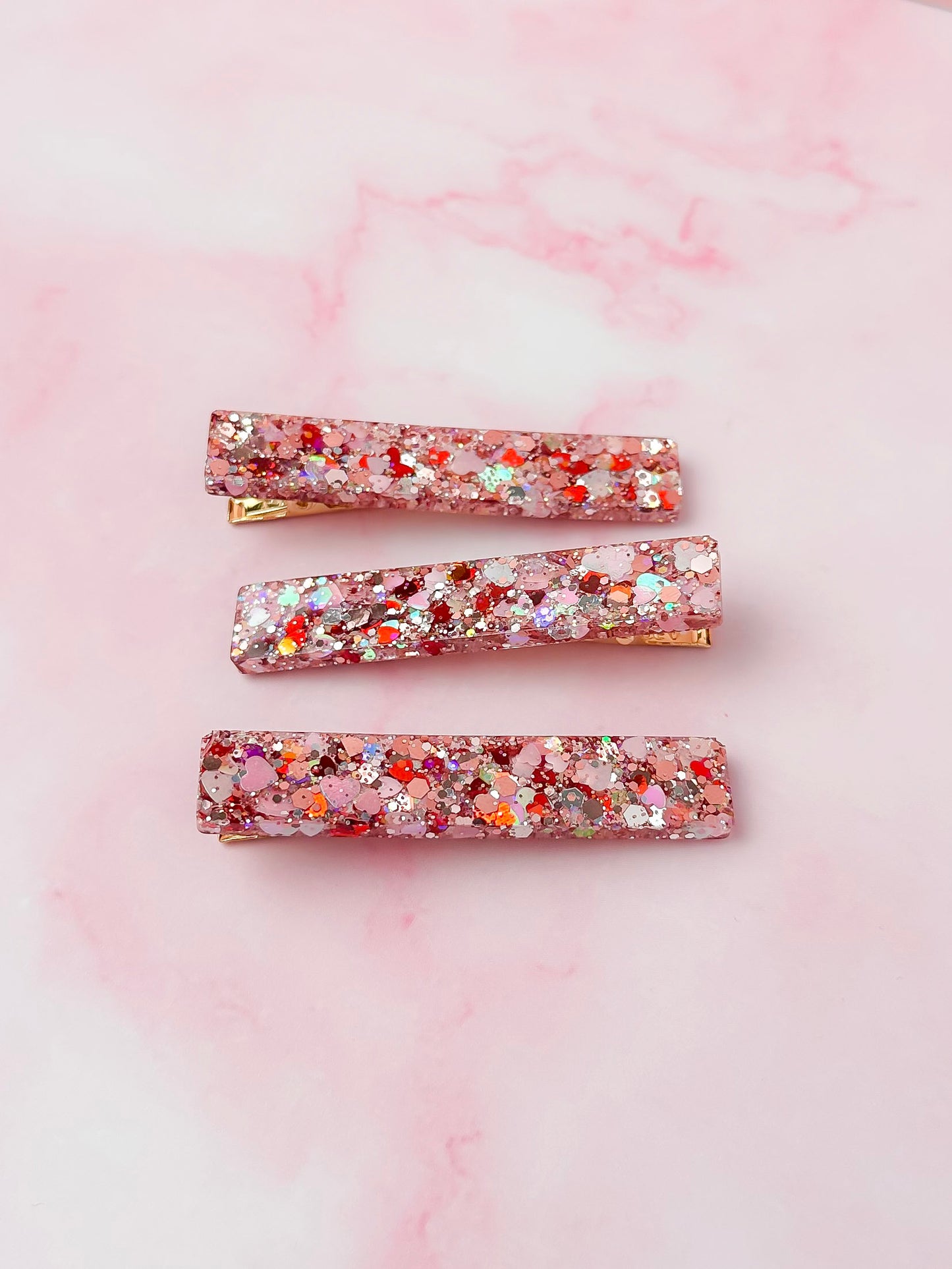 Lucia - pink and red heart glitter Trio Resin Hair Clips