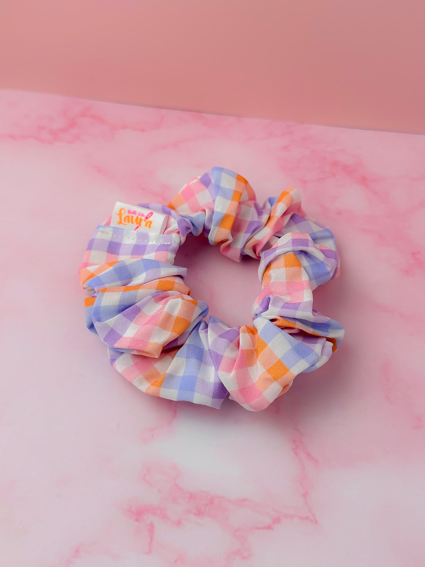 Jess- Lilac & Orange gingham print classic scrunchie