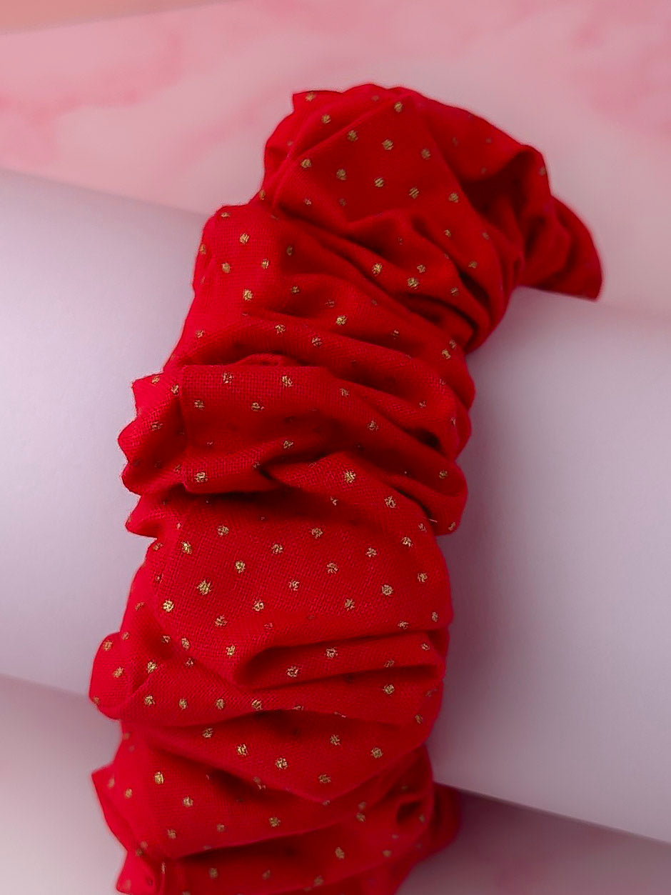 Scarlett -  Red & Gold polka dot print wide scrunchie