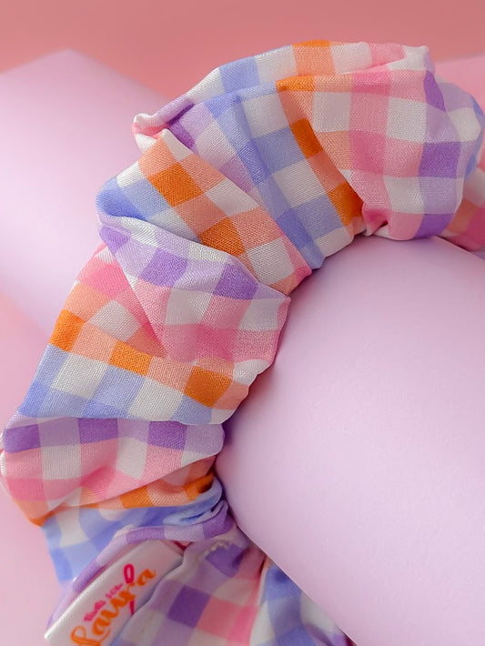Jess- Lilac & Orange gingham print classic scrunchie