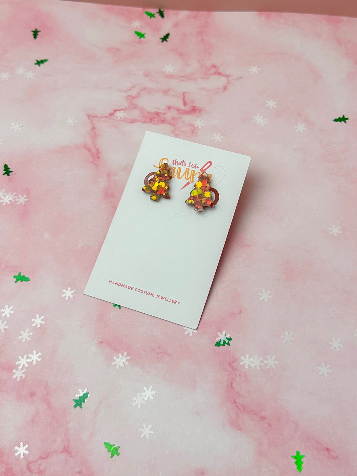 Cosy Christmas Trees - Red & Gold glitter Resin stud Earrings