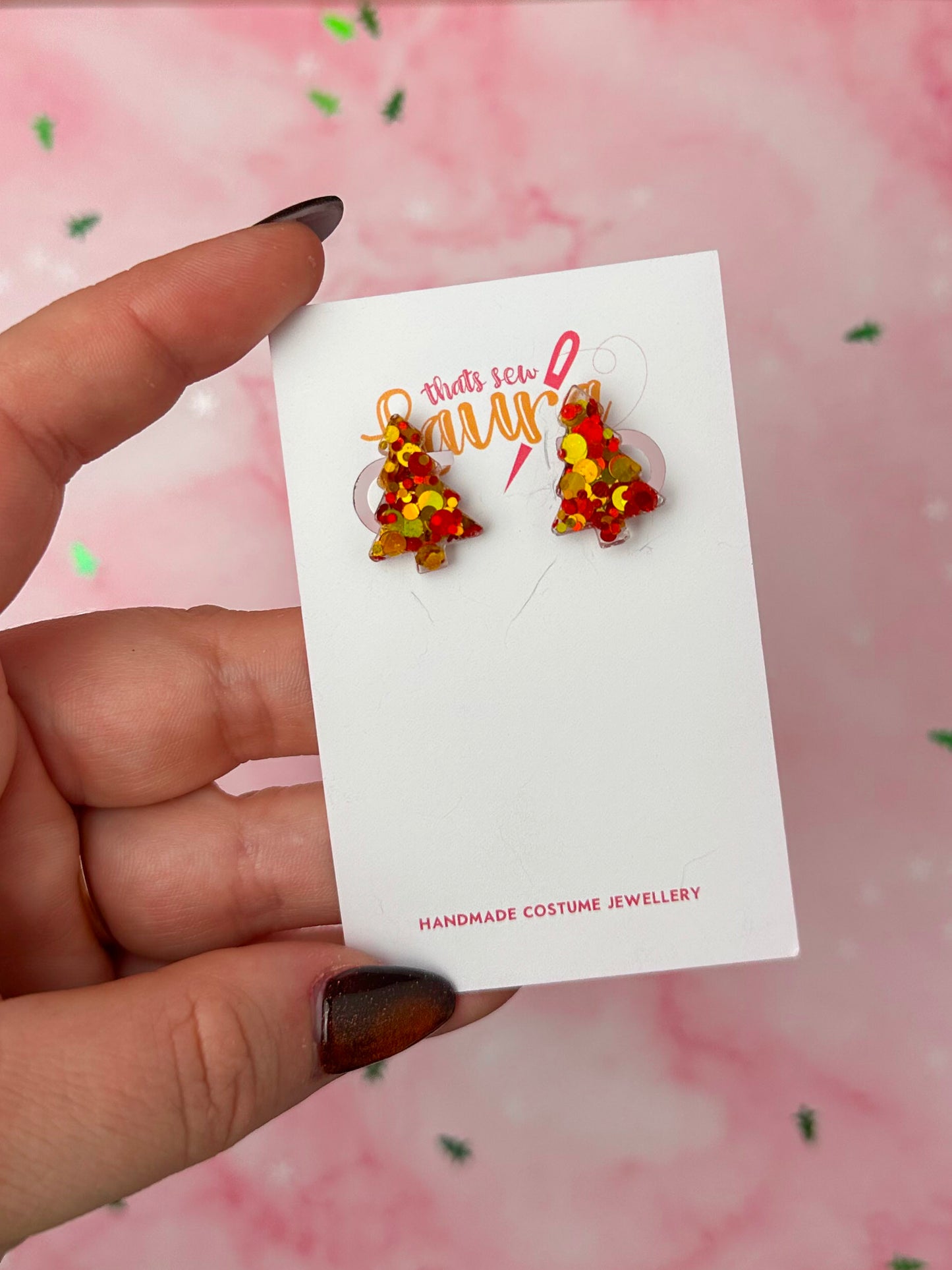 Cosy Christmas Trees - Red & Gold glitter Resin stud Earrings